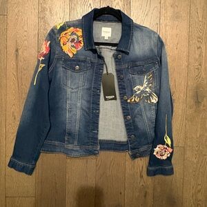 Kensie Blue Denim Jacket with Floral Embroidery